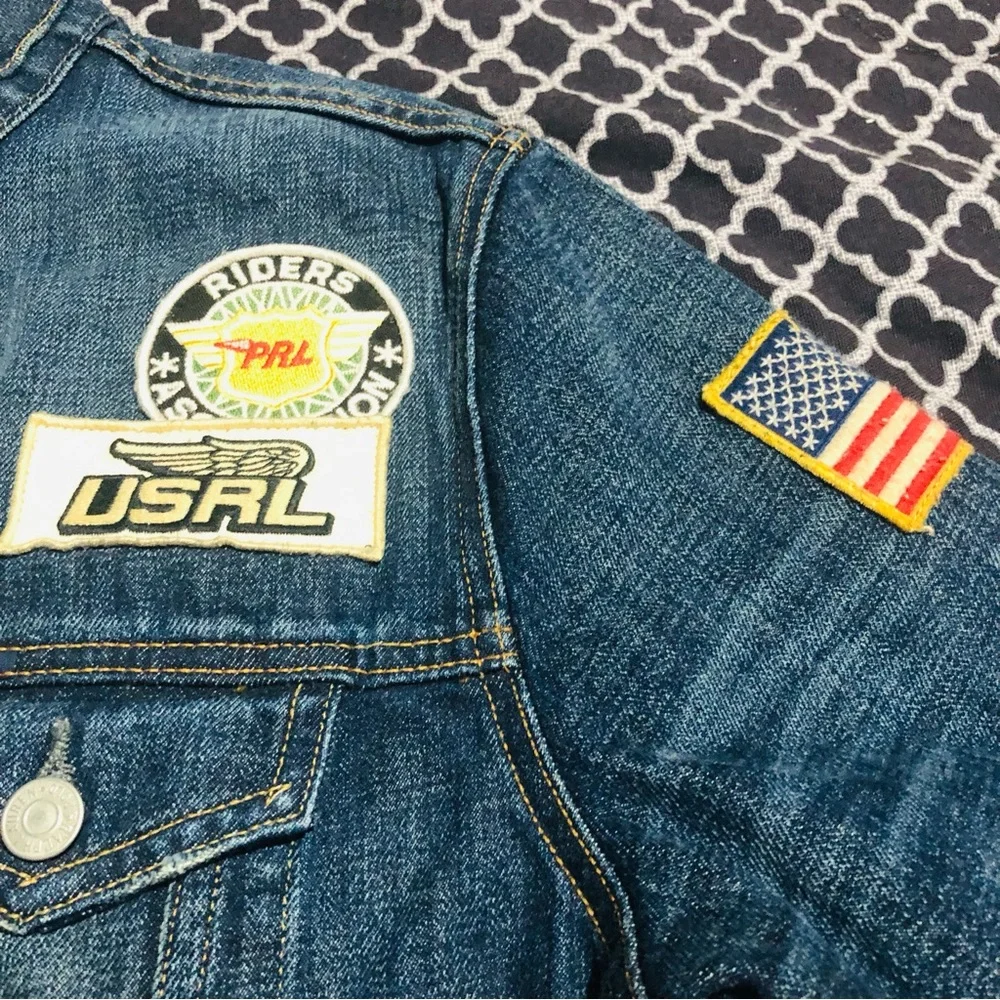 Polo Ralph Lauren Motorcycle Moto Club Denim Jean Jacket Men Small Biker Patches